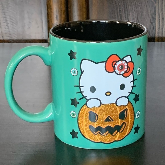 Hello Kitty 20oz Teal Green Halloween Mug - Jack O Lantern Stars Eyeballs - Picture 4 of 8